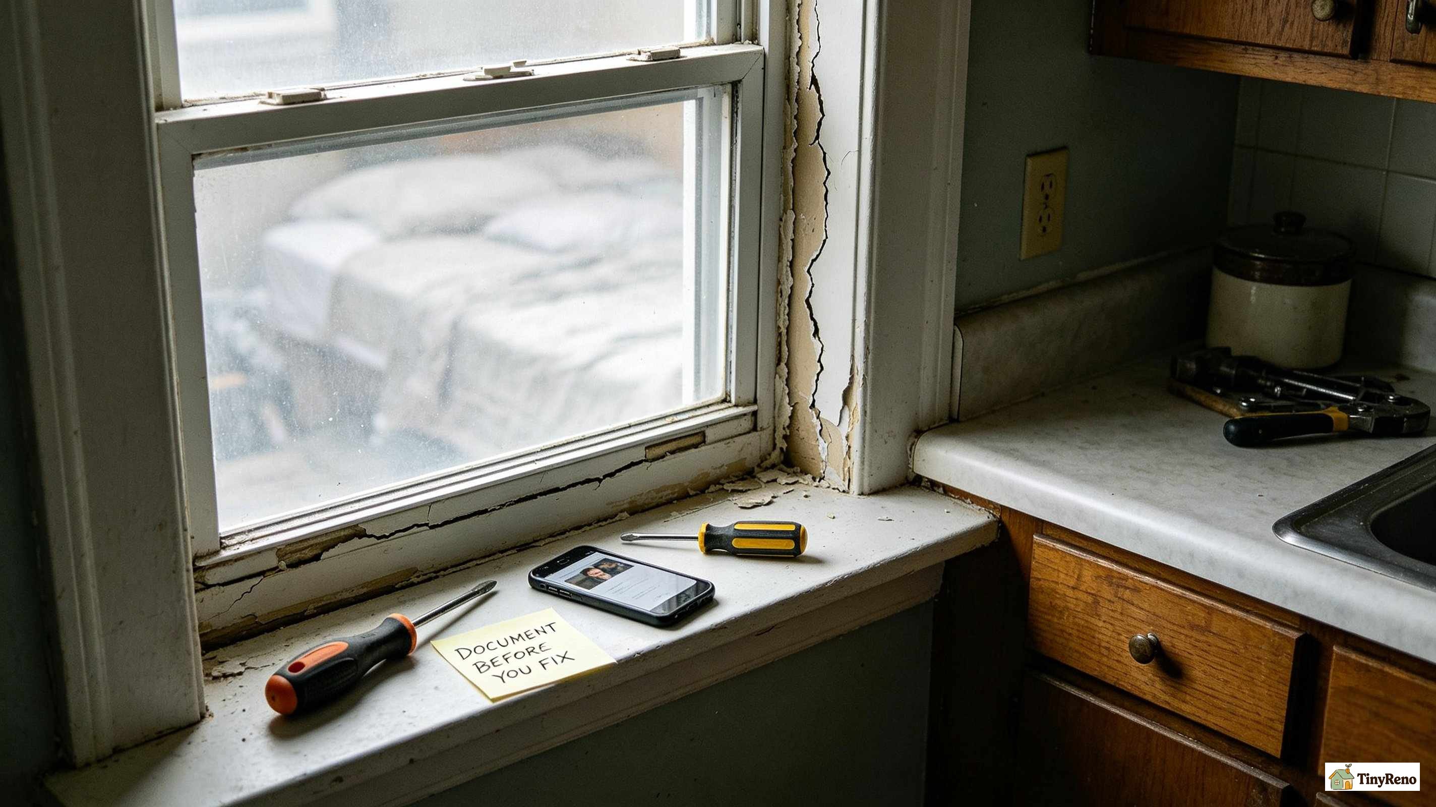 Cleaning supplies laid out next to a window: vacuum crevice tool, microfiber cloth, and silicone spray