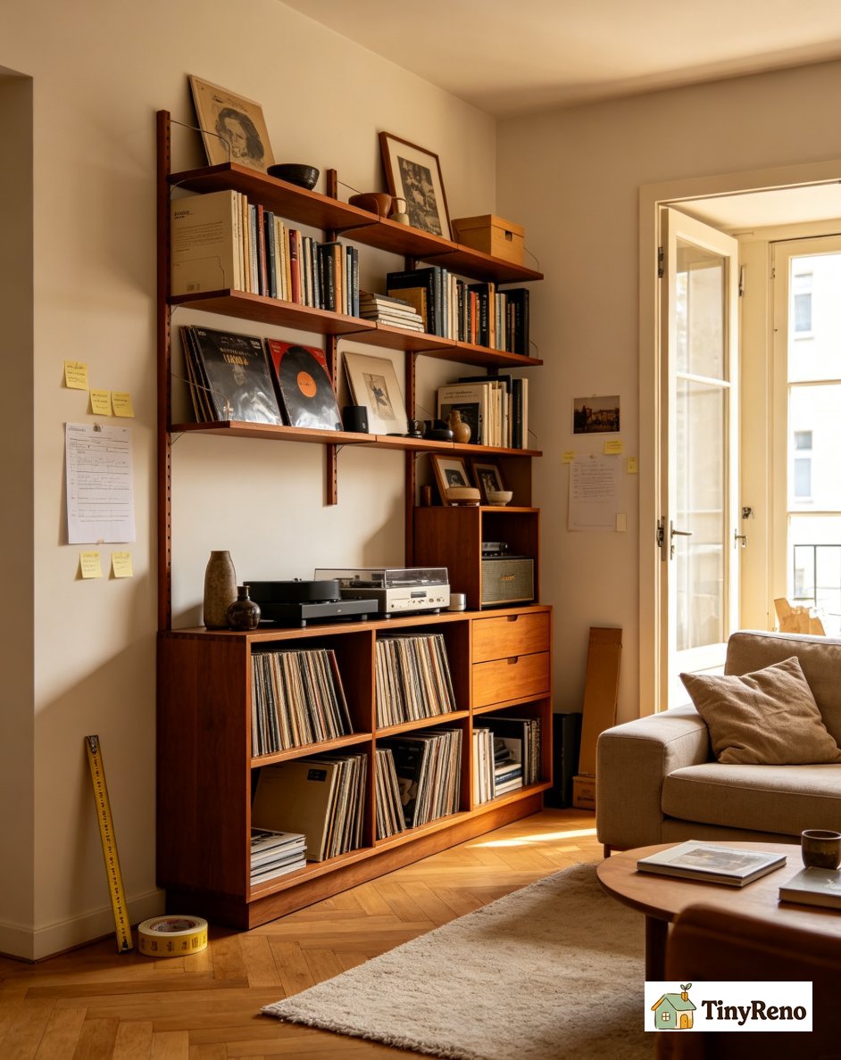 A finished mid century modern living room with a modular wall unit against one wall in walnut wood
