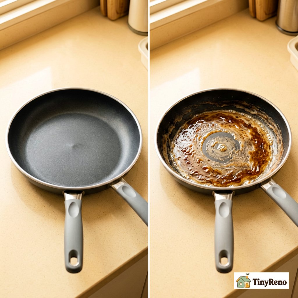 Side-by-side comparison of two pans showing a clean coated surface next to one with brown polymerized film from cooking spray buildup