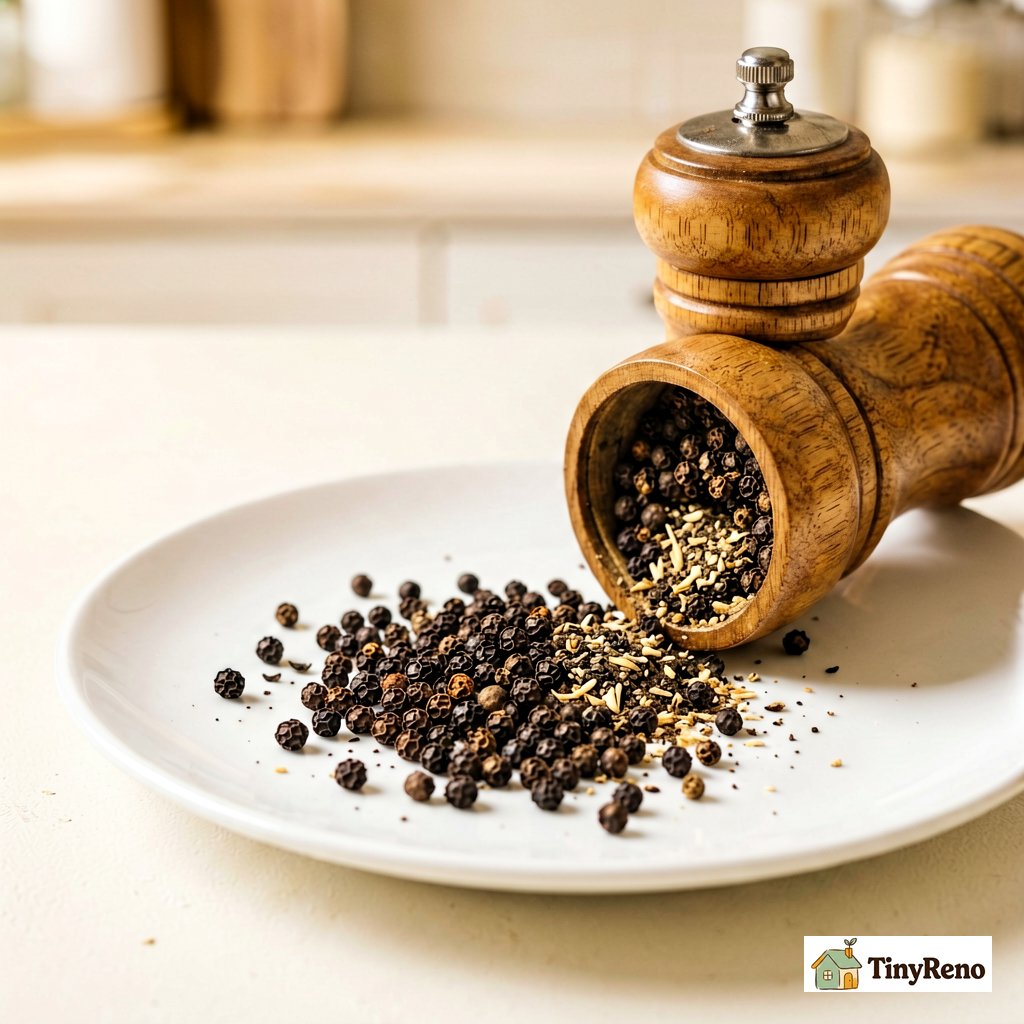 Coarse cracked peppercorns next to a wooden grinder: the result of a good mechanism