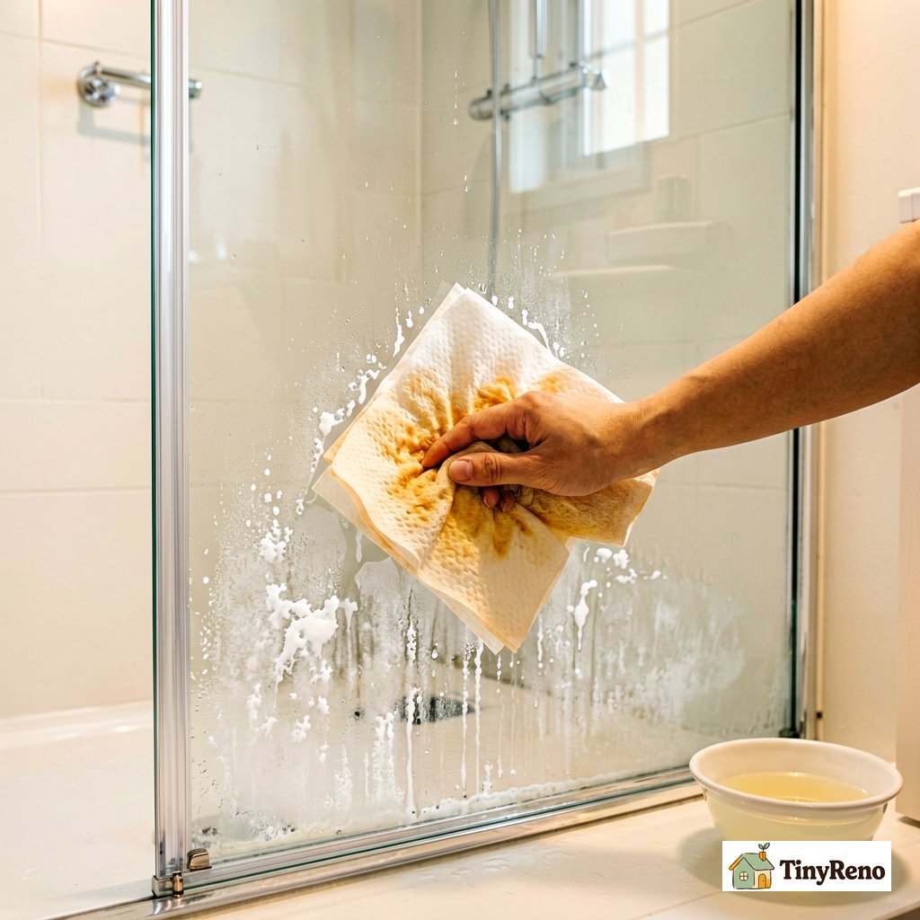 The warm vinegar and paper towel method for hard water buildup: contact time does the cleaning