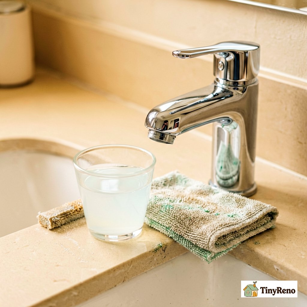 Dilute bleach solution in a small cup with a microfiber cloth next to a chrome bathroom faucet showing the stage one mold cleaning setup