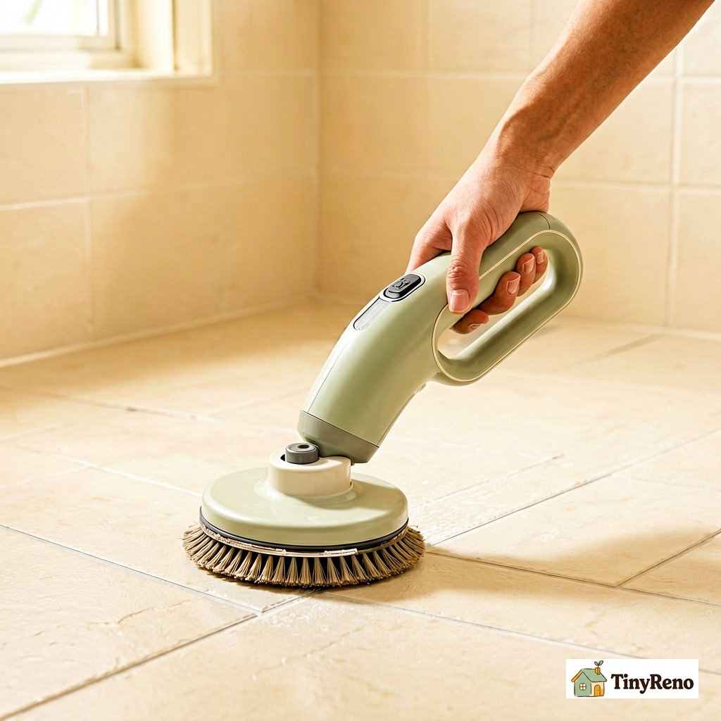 Hand holding a mid-size rotating brush tile and grout cleaner machine moving slowly across bathroom floor in overlapping passes