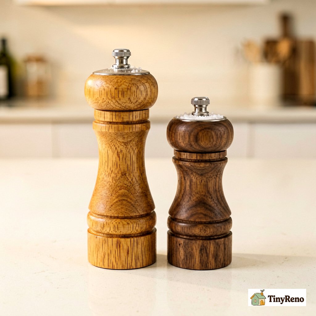 Side-by-side wood salt and pepper grinders: matched beech or walnut sets in two heights
