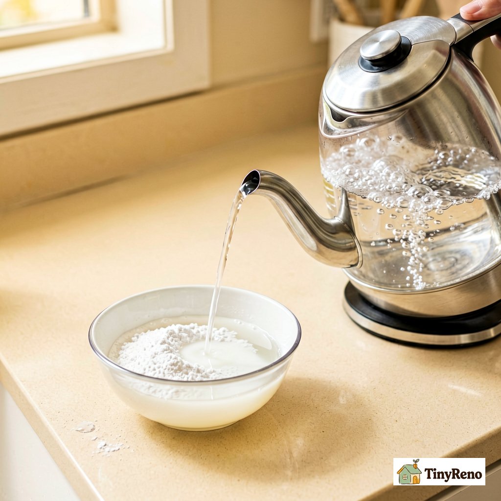 Baking soda, white vinegar, and boiling kettle ready for the two-step shower drain cleaning process, on a beige bathroom counter