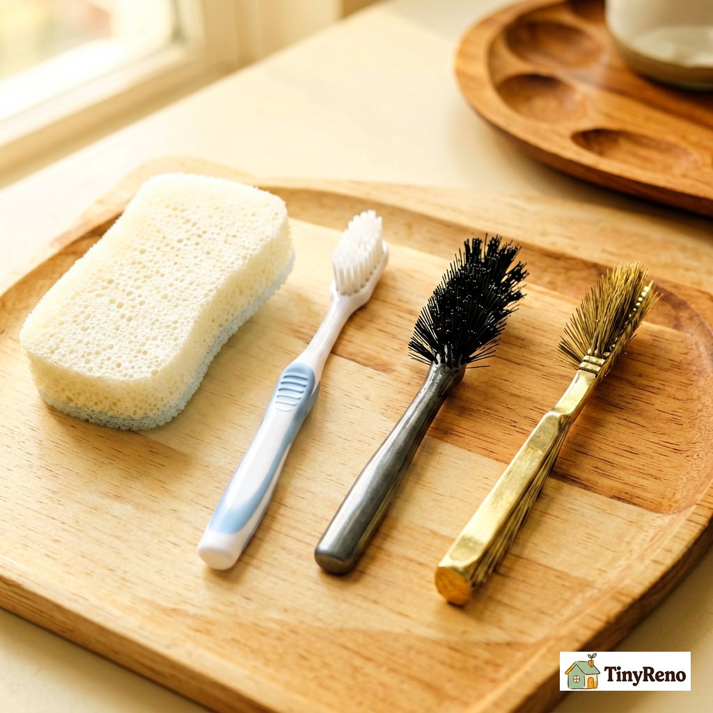 Comparison of grout cleaning brush types: soft dish sponge, toothbrush, stiff nylon brush, and brass bristle brush