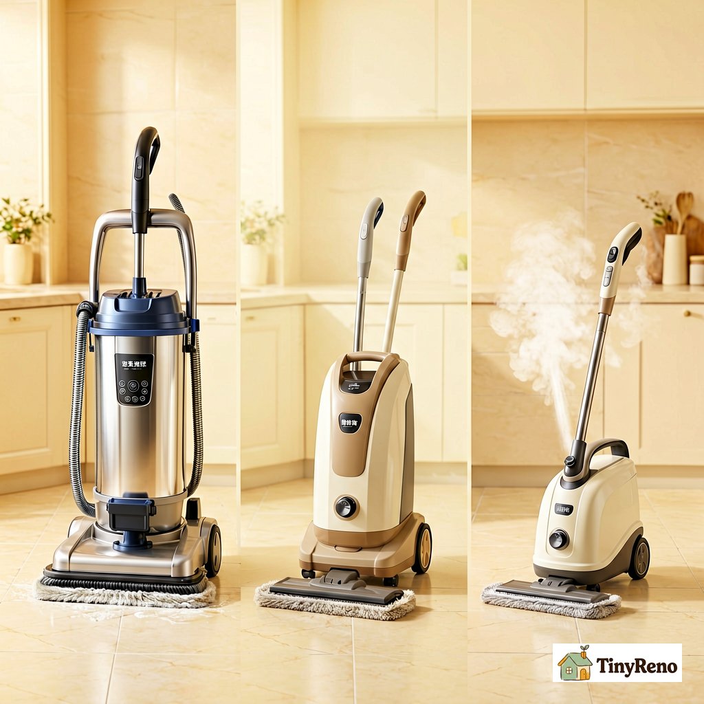 Three categories of tile and grout cleaner machines compared by size: heavy commercial unit, mid-size home unit, and small steam-only unit