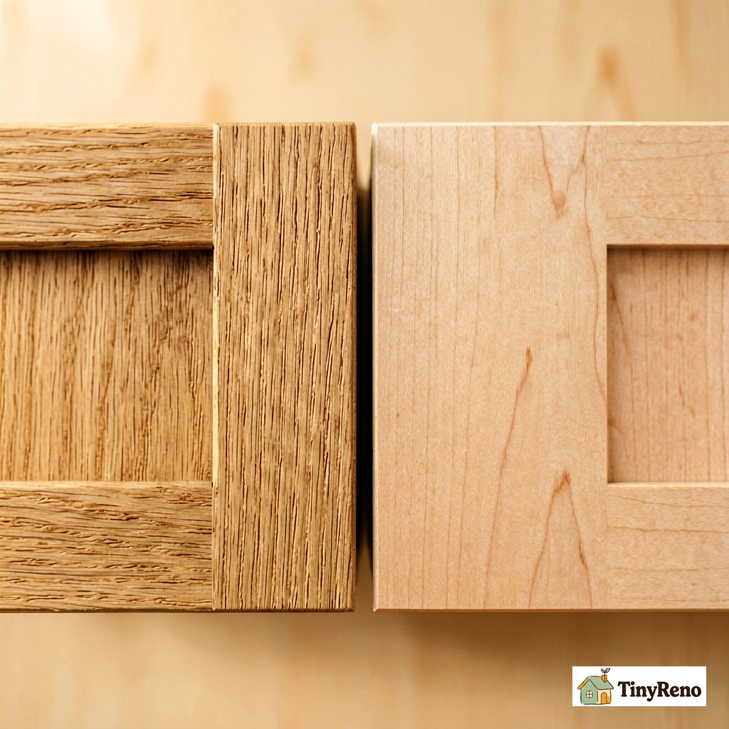 Macro close-up of a single cabinet door sample showing open oak grain beside smooth maple grain, side-by-side for comparison
