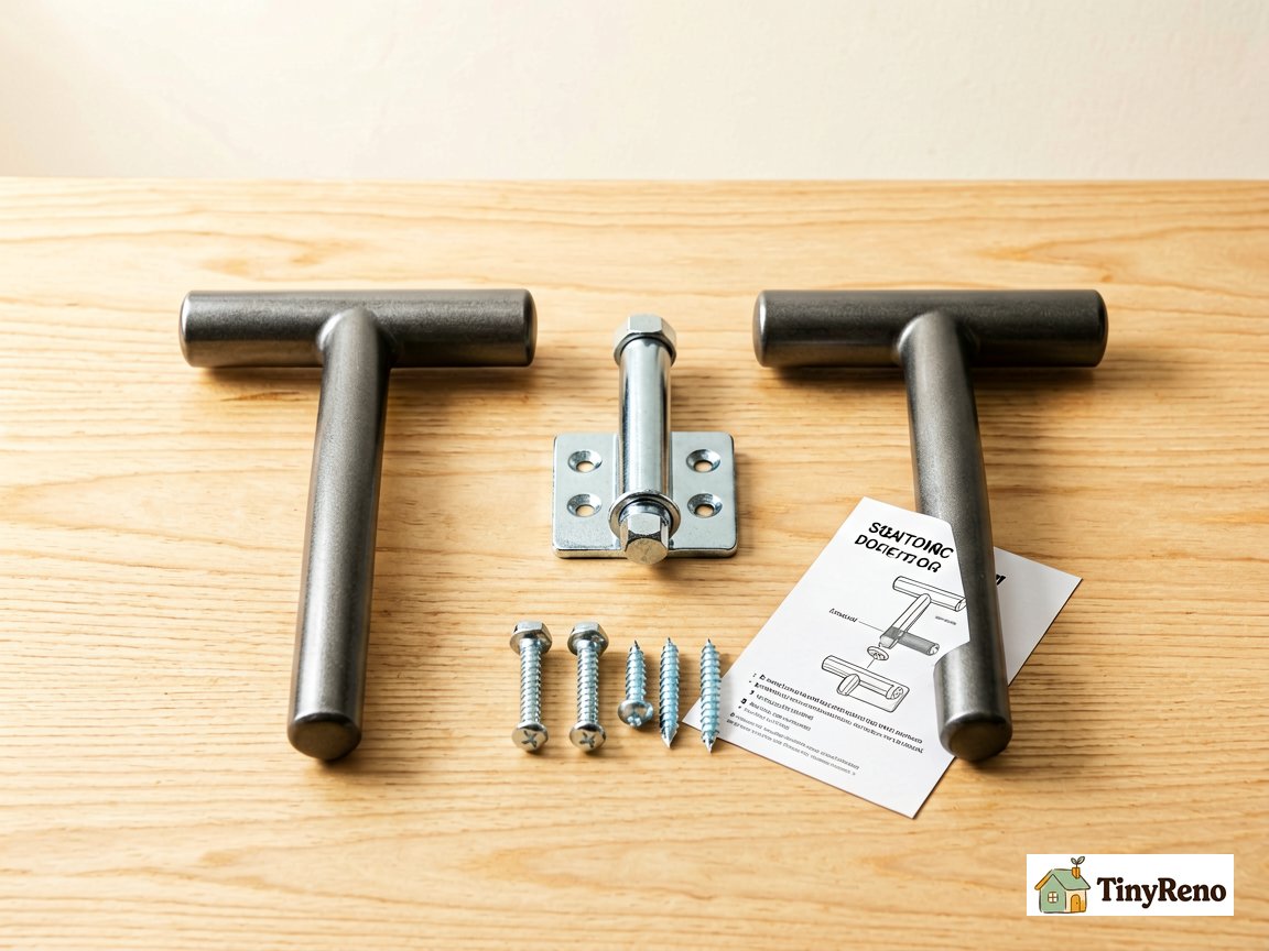 Universal T-handle garage door lock kit components laid out: T-handle, square spindle, mounting screws, and instruction card.