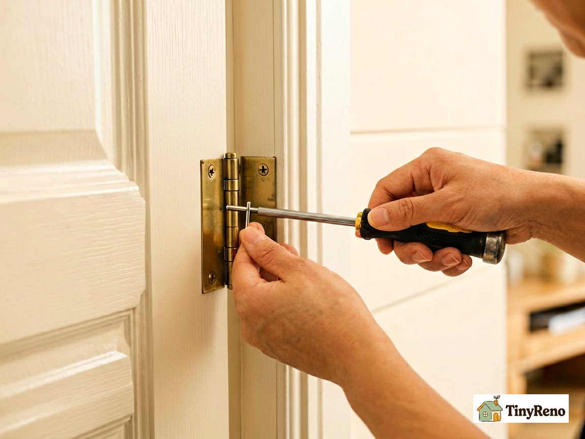 Hinge pin being tapped out from a door hinge with a screwdriver and hammer during the replacing door hinges process.