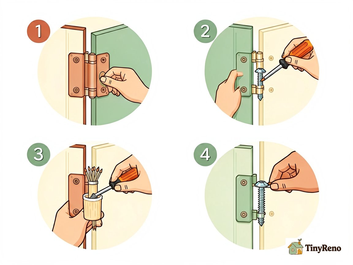 Four-step visual showing how to pack stripped screw holes with toothpicks and install new screws for door hinges without stripping the wood.
