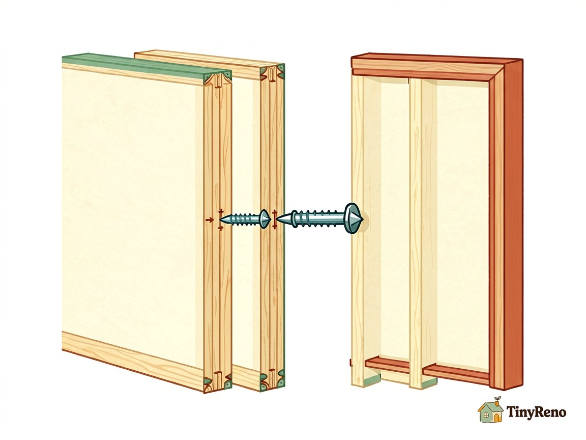Cross-section illustration comparing how a short screw stops in soft pine while a long door hinge screw reaches the wall stud behind the frame.