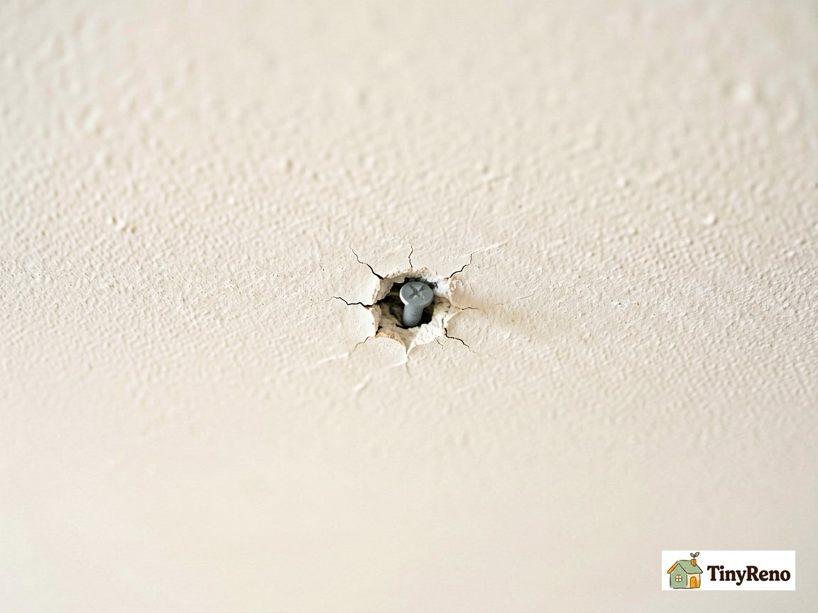Drywall nail pop on a white ceiling with paint cracked and gray nail head showing underneath.