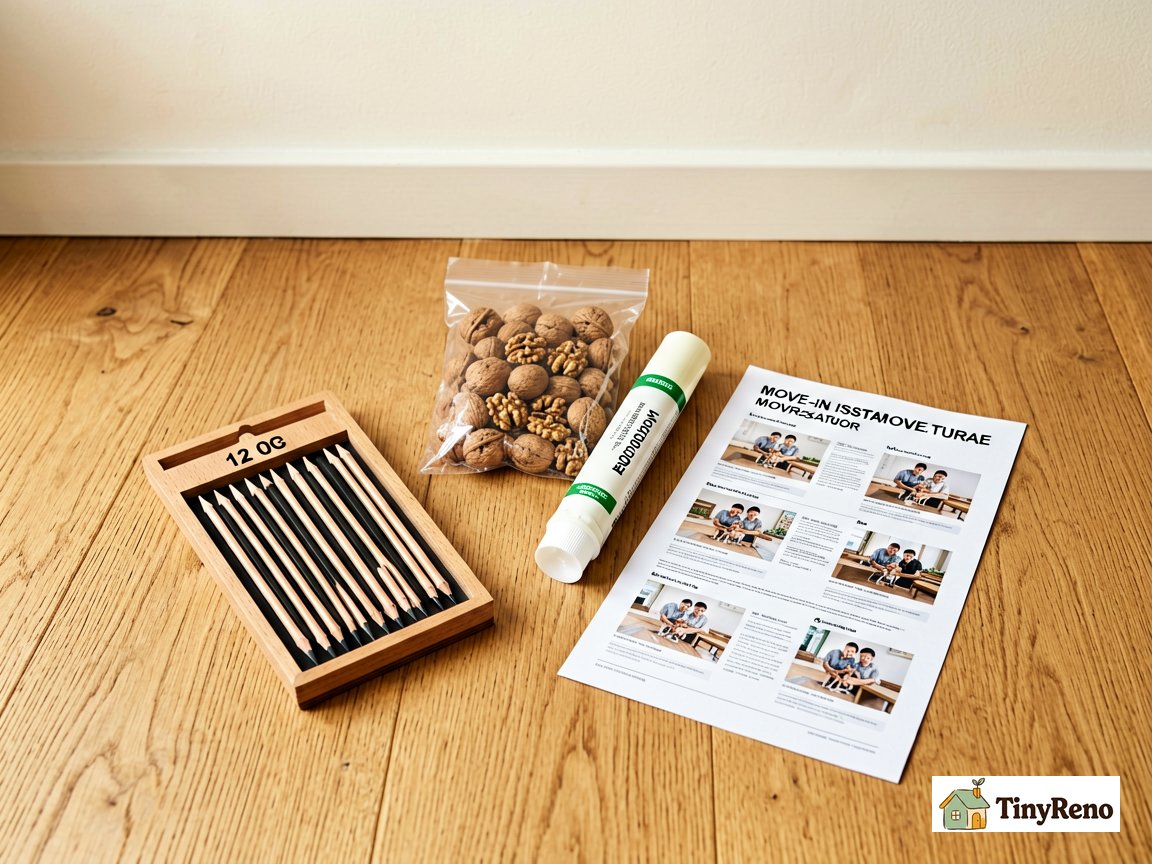 Renter toolkit laid out on an oak floor: a 12-pack wood repair pencil set, walnuts, wood filler, and a move-in inspection form.