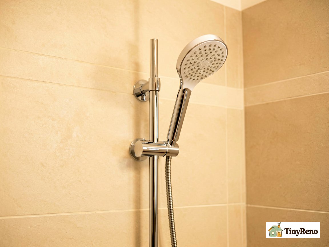 Identify the Tier 3 hard water fix: an in-line showerhead filter installed between shower arm and showerhead with no tools