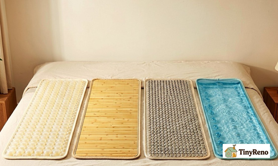 Compare four body cooling mat types side-by-side: cool feel, sustained cooling, maintenance, and best use case
