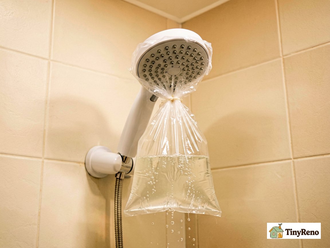 Demonstrate how to soak a showerhead in vinegar: a plastic bag tied around the nozzles dissolving mineral buildup