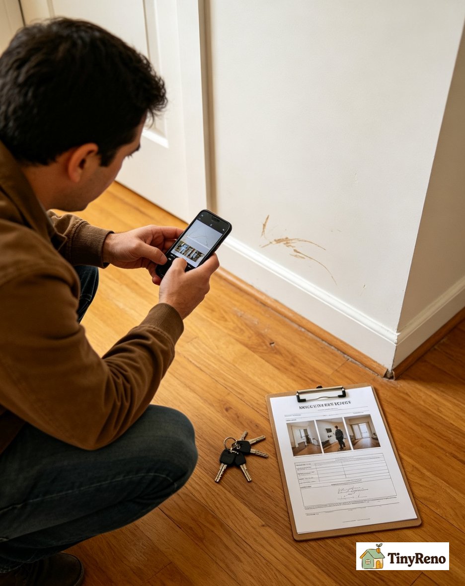 Tenant photographing pre‑existing floor scratch for move‑in inspection, phone capturing floor damage, paperwork for landlord record‑keeping instead of unnecessary DIY repair.
