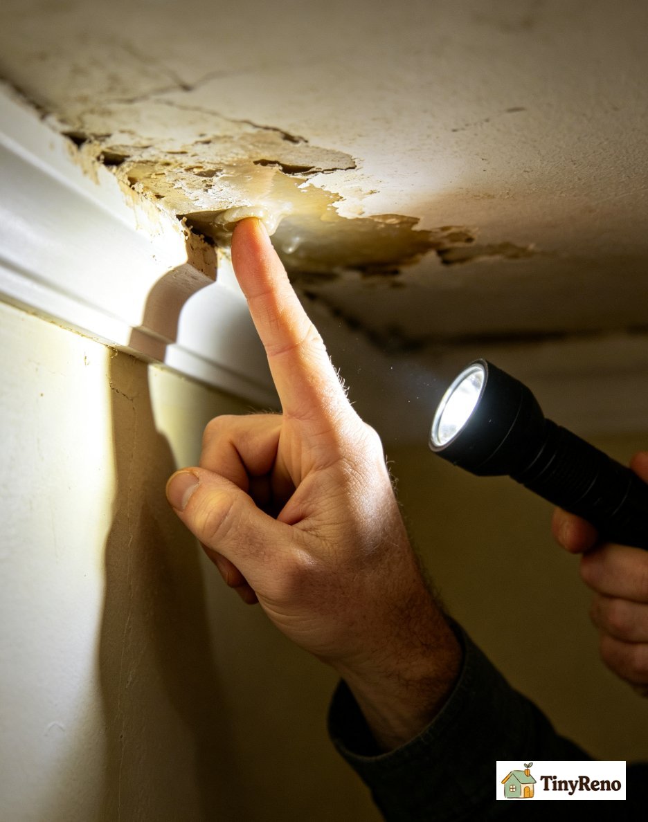 Yellow-brown water stain ring on a white apartment ceiling with a fingertip testing the moisture level.