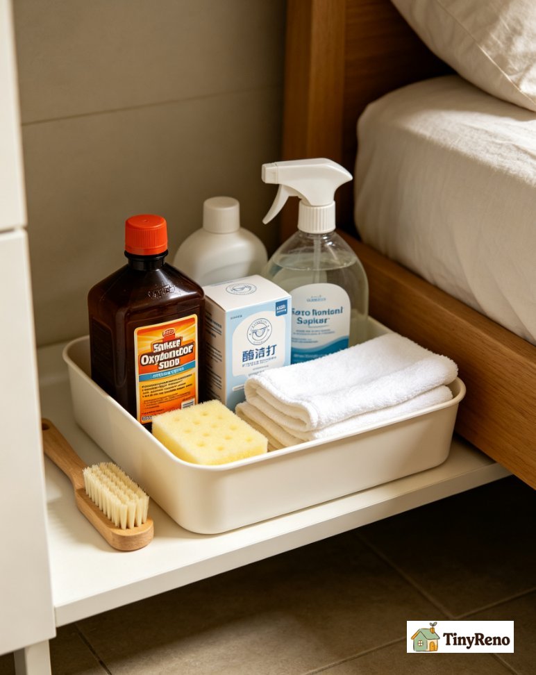 Neatly arranged compact $18 cleaning kit: 3% hydrogen peroxide, baking‑soda box, enzyme cleaner, dish soap, stack of white cotton cloths inside small storage container.