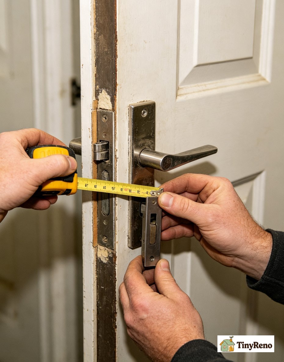 Taking out old door latch, measuring backset and faceplate dimension, matching new replacement latch, reassembling lock and testing door latching function.