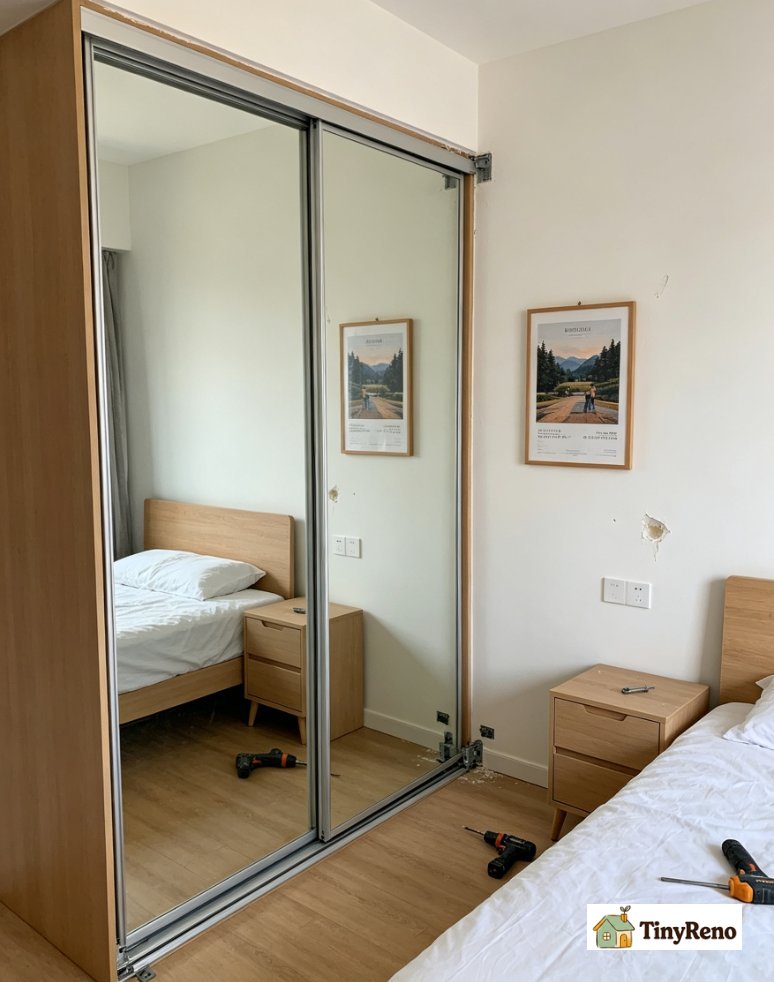 Finished repaired sliding mirrored closet door gliding smoothly along upper track, intact bottom guide in place, drywall dent covered by framed wall poster inside rental bedroom.
