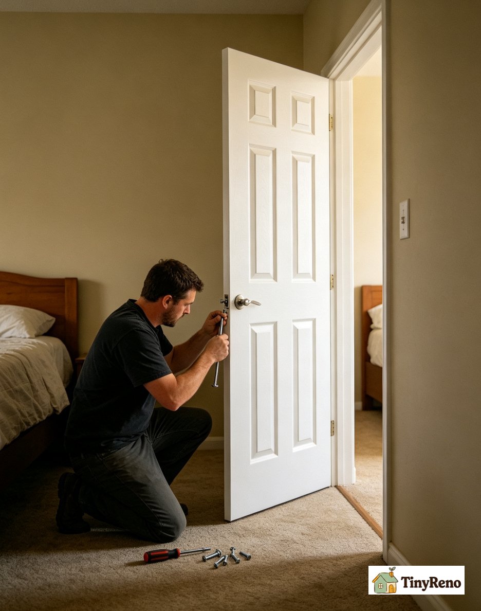 Basic bedroom door fix, keep original short screws on door leaf, only replace jamb‑side fasteners with long screws for quick renter‑friendly repair.