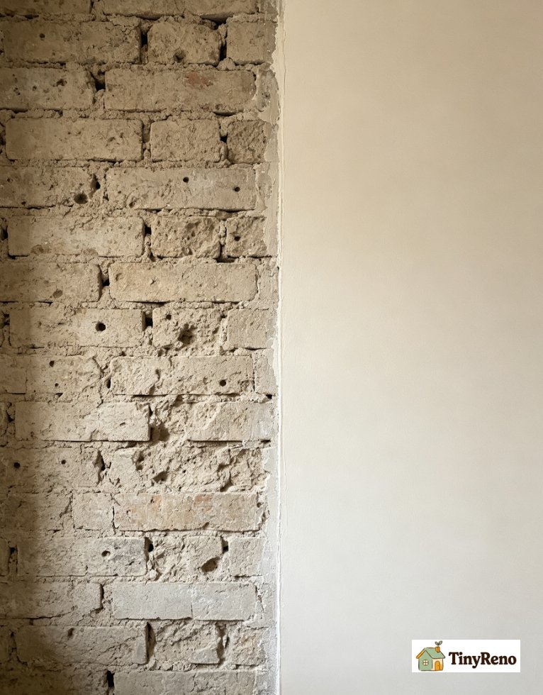 Side-by-side shot: rough pitted bare cinder block wall before treatment; same wall after block filler + paint, uniform smooth rental bedroom wall finish.