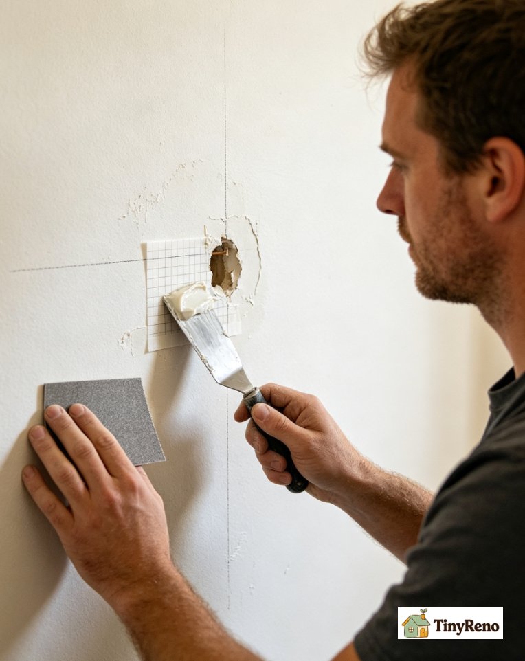 Identify how to apply a self-adhesive mesh patch to small wall holes: hands pressing aluminum mesh over a doorknob puncture before compound covers it