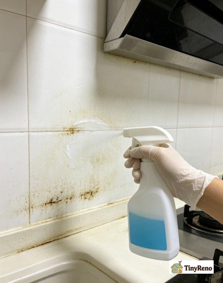 Identify a rust bleed-through stain: orange streaks running down a beige bathroom wall from a corroded nail head, soft warm light