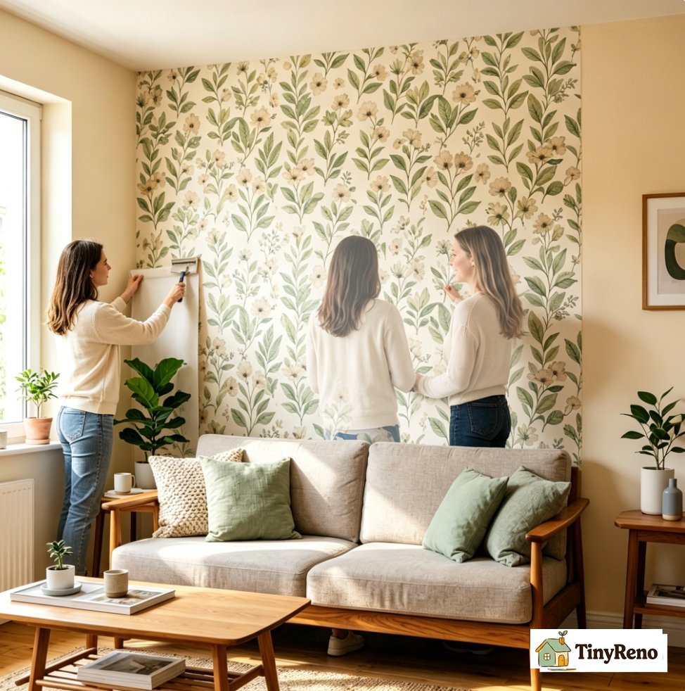 Caucasian renter checking three stable old wallpaper surfaces: painted-over old wallpaper, recently installed intact wallpaper, lightly sanded sealed vinyl wallpaper.