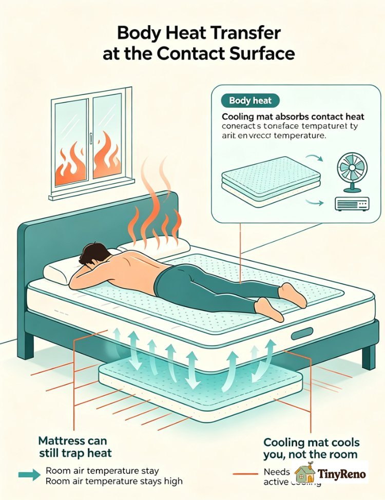 Show how body heat transfer works at the contact surface and why a cooling mat alone cannot replace air conditioning
