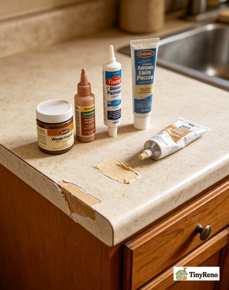 Compare four failed laminate repair products alongside a Seamfil tube: wood filler, caulk, spackle, and epoxy putty on a neutral beige surface