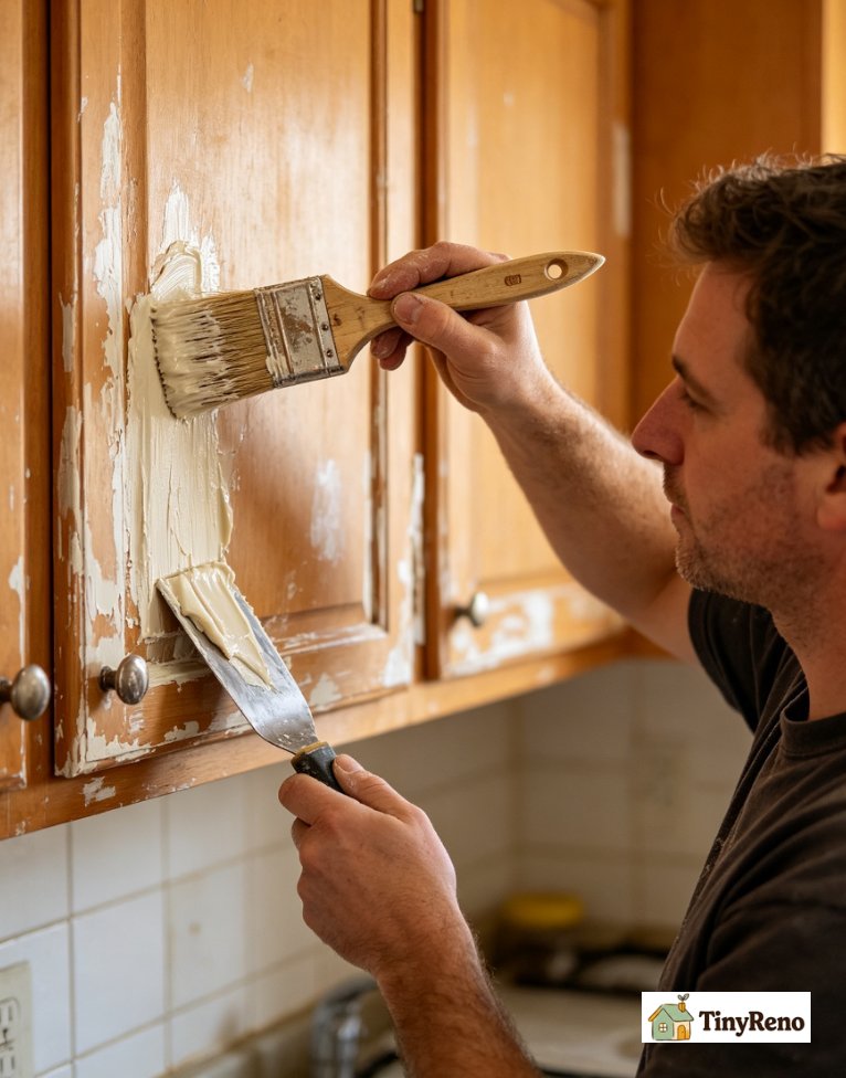 Caucasian renter brushing thick layer of Citristrip paste onto cabinet door; scraping off softened latex paint in long rubbery sheets with putty knife.