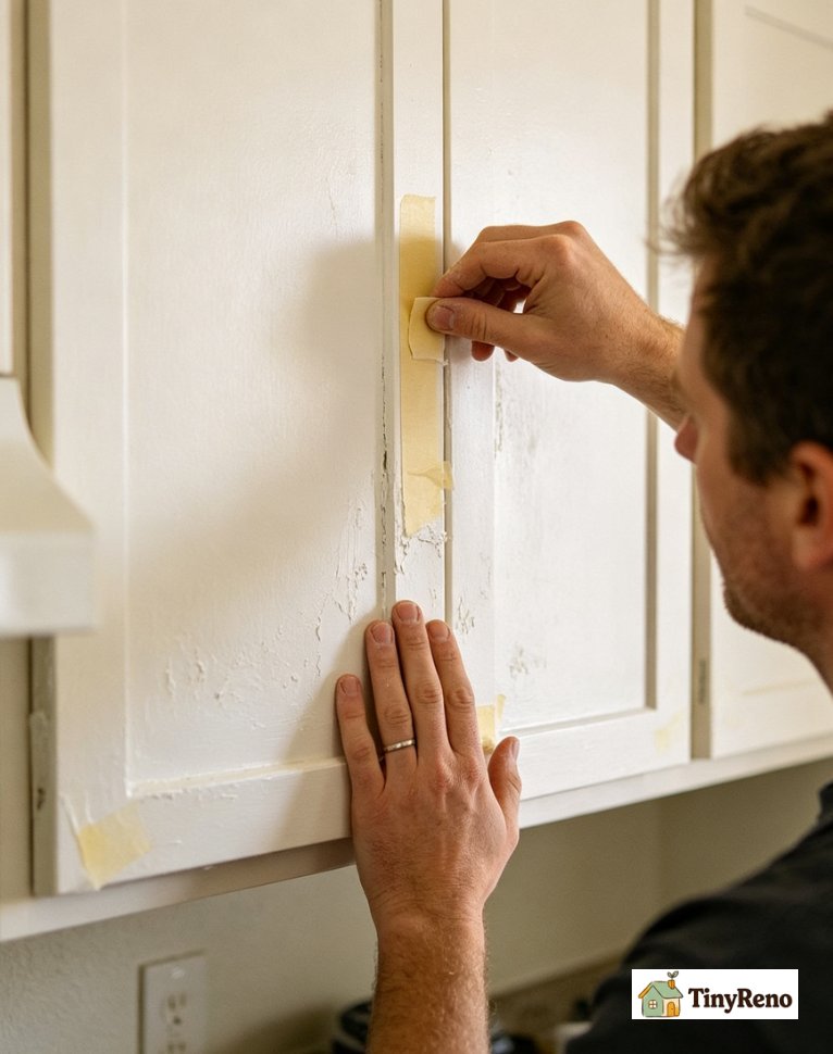 Identify latex paint cure stage with a tape test: hand pressing masking tape against a beige wall to check if the paint is ready for oil-based topcoat