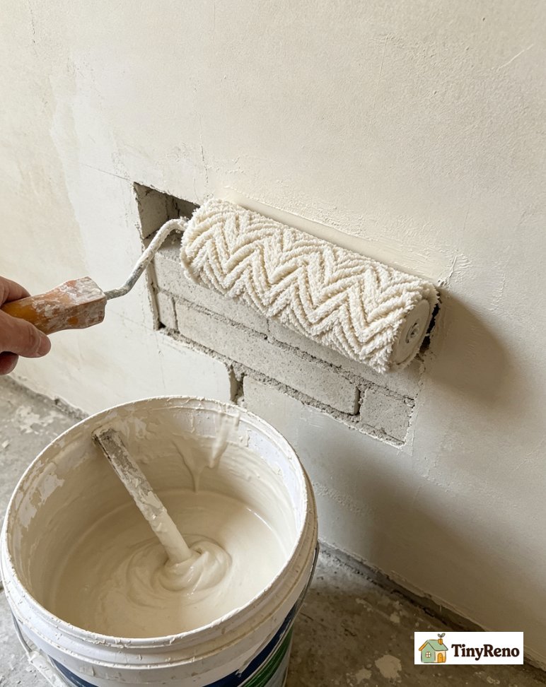 Stirring thick block filler inside bucket; cutting in wall edges with angled brush; rolling block filler in W pattern with thick nap roller, waiting for first coat to dry.