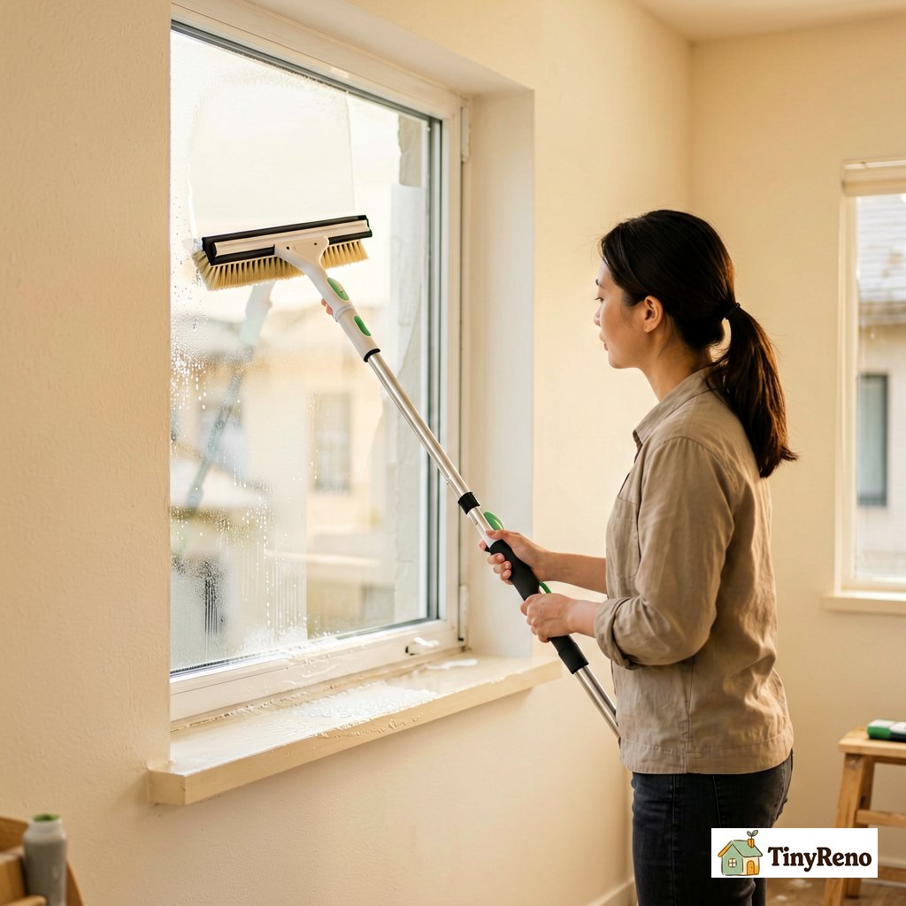 Compare the renter hack to pressure washing windows: a soft brush and squeegee on a telescoping pole, with 3 times pressure washing works shown in side-by-side comparison