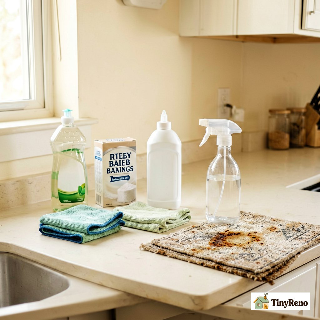 Apply the Alvarez baking soda method: a four-step illustration of blot do not rub, baking soda sit fifteen minutes, mix dish soap vinegar and warm water, then spray blot repeat until the towel comes up clean