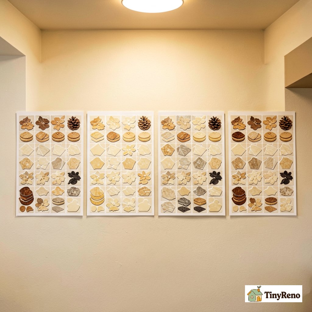Four peel and stick mosaic sheets laid out side by side showing different price tiers, soft warm overhead light.