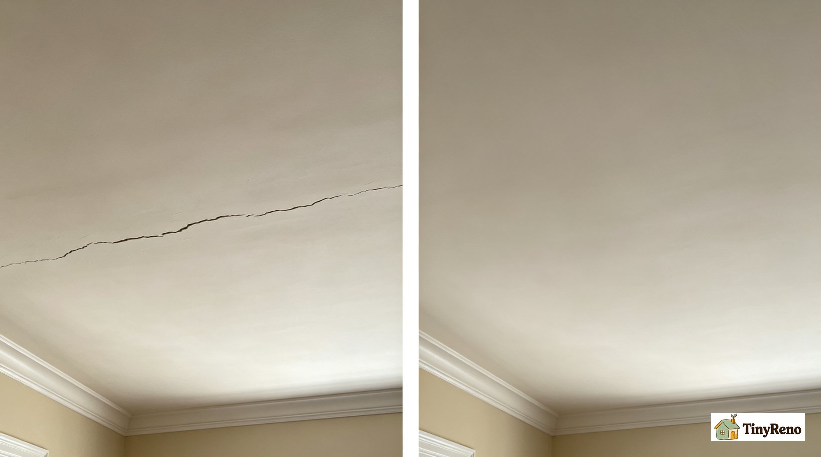Before: long visible plaster crack across ceiling; After: fully patched and painted ceiling, crack completely hidden, smooth matching plaster finish.