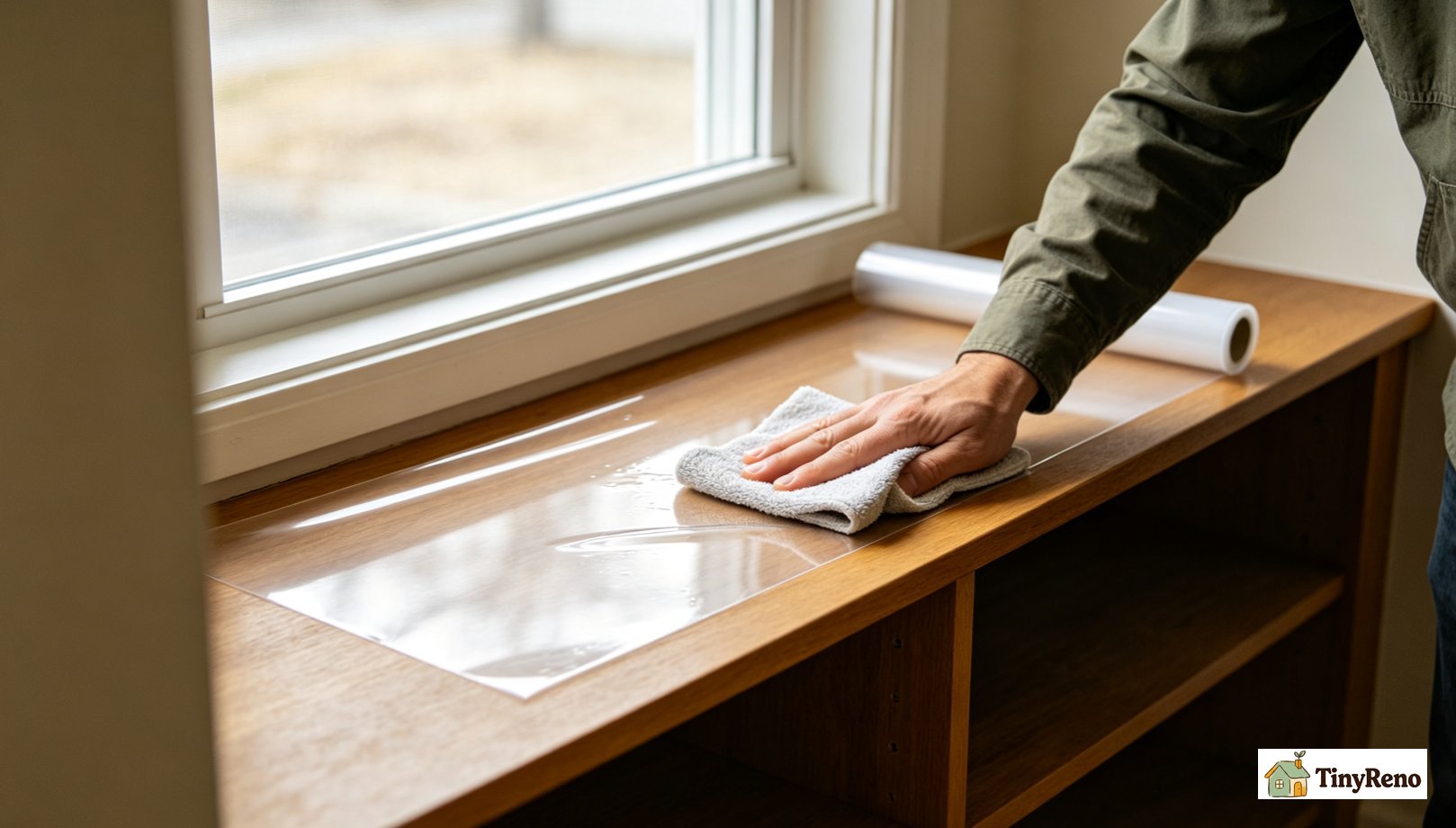 Cutting clear contact shelf liner to size, peeling backing, smoothing film onto wood window stool, pushing out air bubbles with a rag.