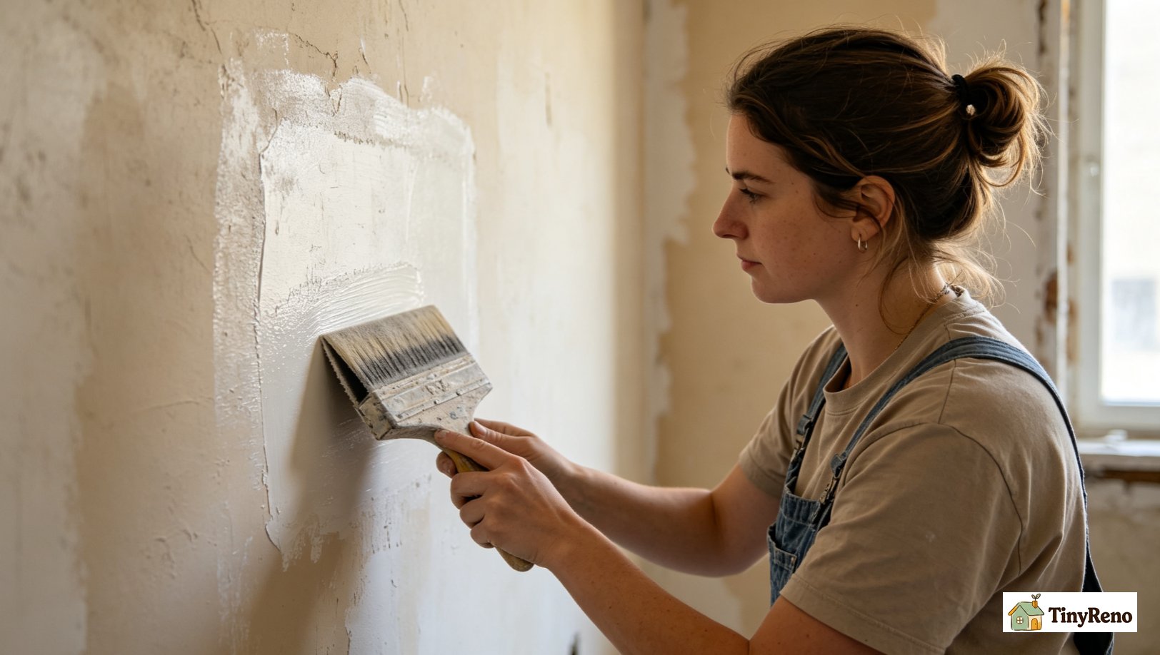 Woman lightly sanding lap mark on wall with 220-grit sandpaper, feathering edges; touching up bare missed spot with quality angled wall brush, blending fresh paint into existing wet edge.