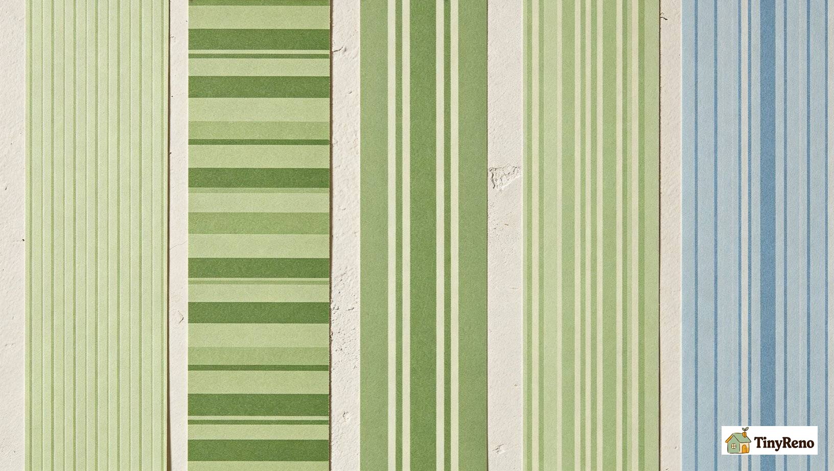 Side-by-side wall panels showing each friend&rsquo;s green striped wallpaper: thin sage pinstripe, half-inch dual green band stripe, wide 2-inch cabana stripe, pre-pasted half-inch stripe, blue-toned thin pinstripe; different stripe widths and green shades on plaster and drywall surfaces.