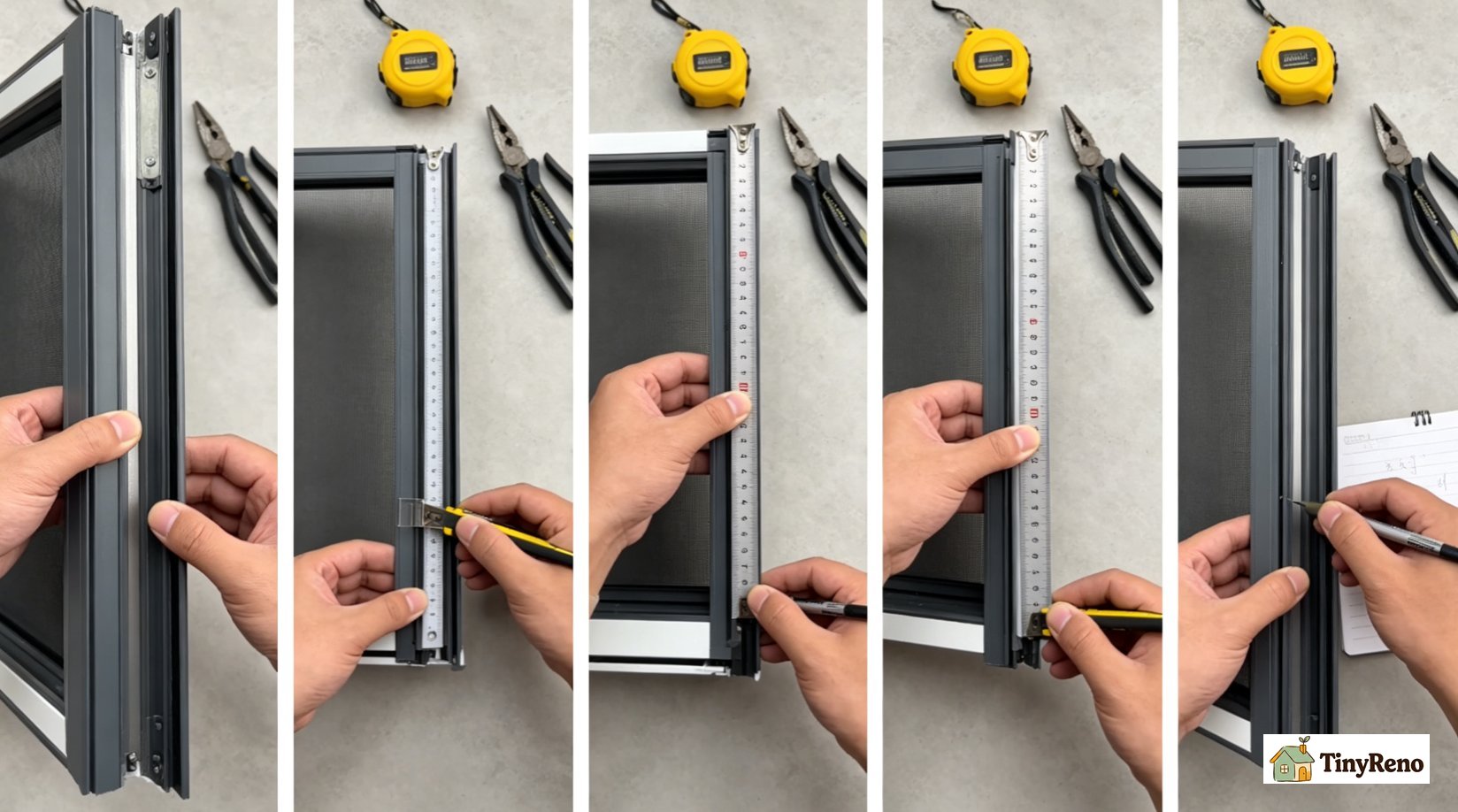 Step-by-step layout of the 5-step renter measure showing the sequence: remove screen, measure width, measure height, measure depth, record numbers, in a flow diagram format