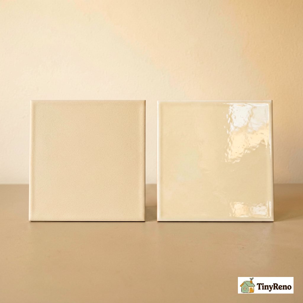 Two porcelain tile samples side by side under soft warm light, one matte finish on the left and one glossy finish on the right