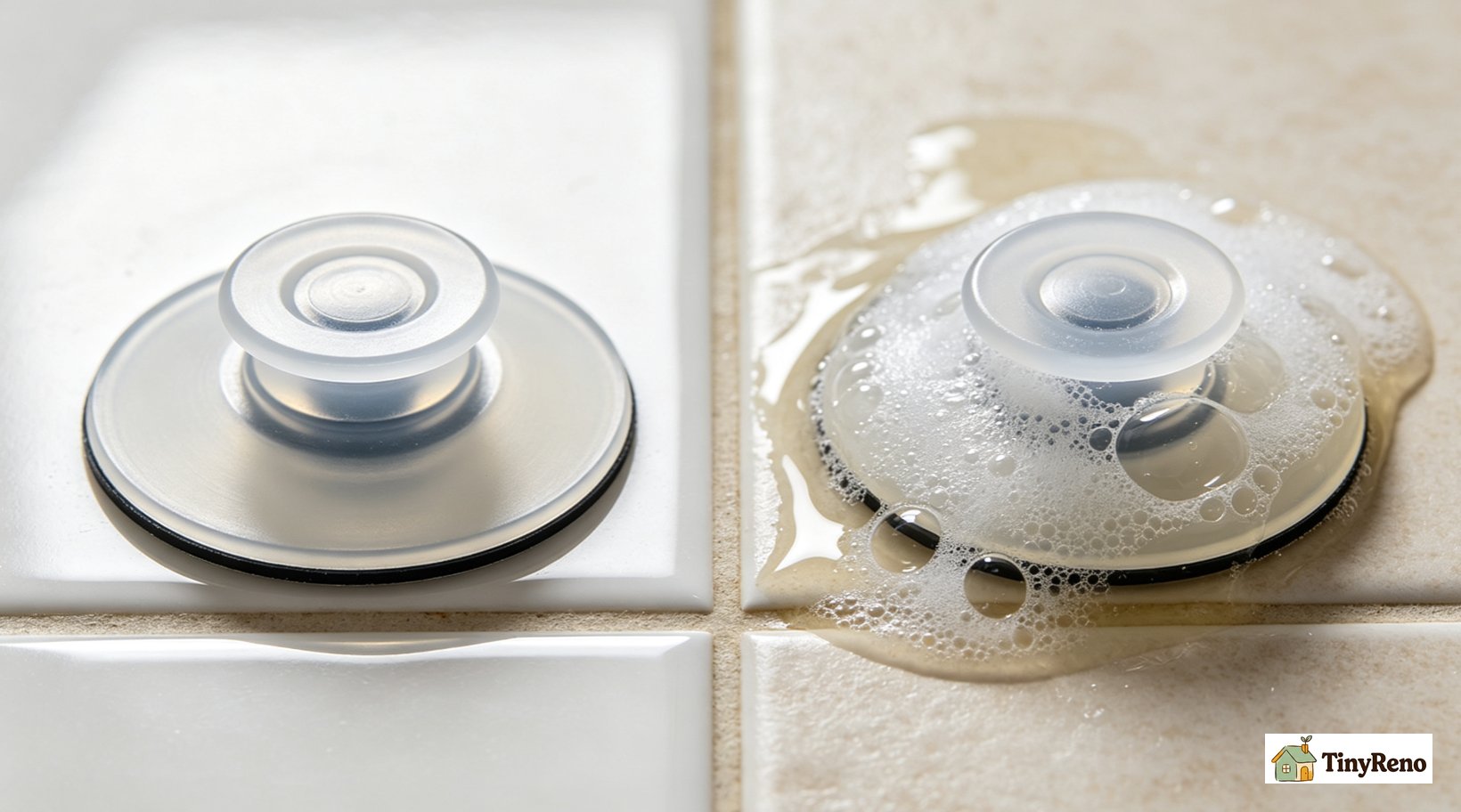 Cross-section close-up diagram of suction cup on smooth tile; left: clean cup with full vacuum seal gripping tile; right: thin soap and body oil film under cup breaking vacuum seal, causing loss of grip.