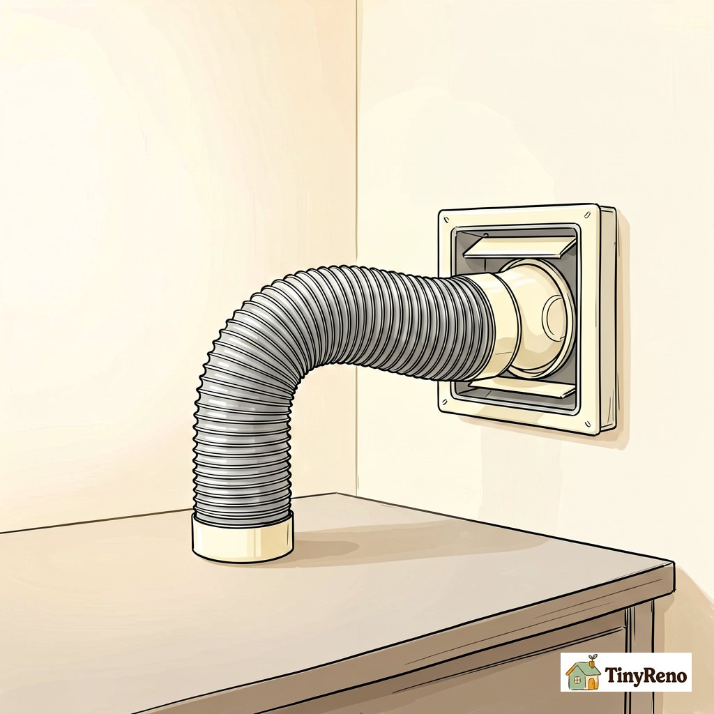A simple line drawing showing dryer flexible metal hose interior vent exterior wall box with damper, on a neutral desk surface