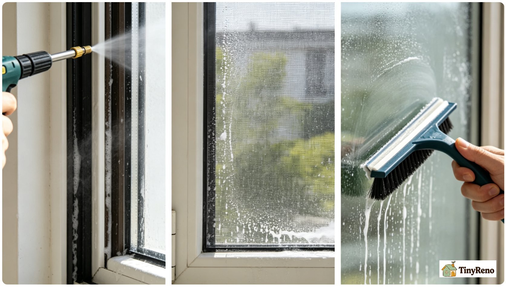 Step-by-step decision flow: can you pressure wash windows, showing which of 4 window types (single, double, tempered, low-E) are safe to pressure wash, with the 1 that explodes highlighted