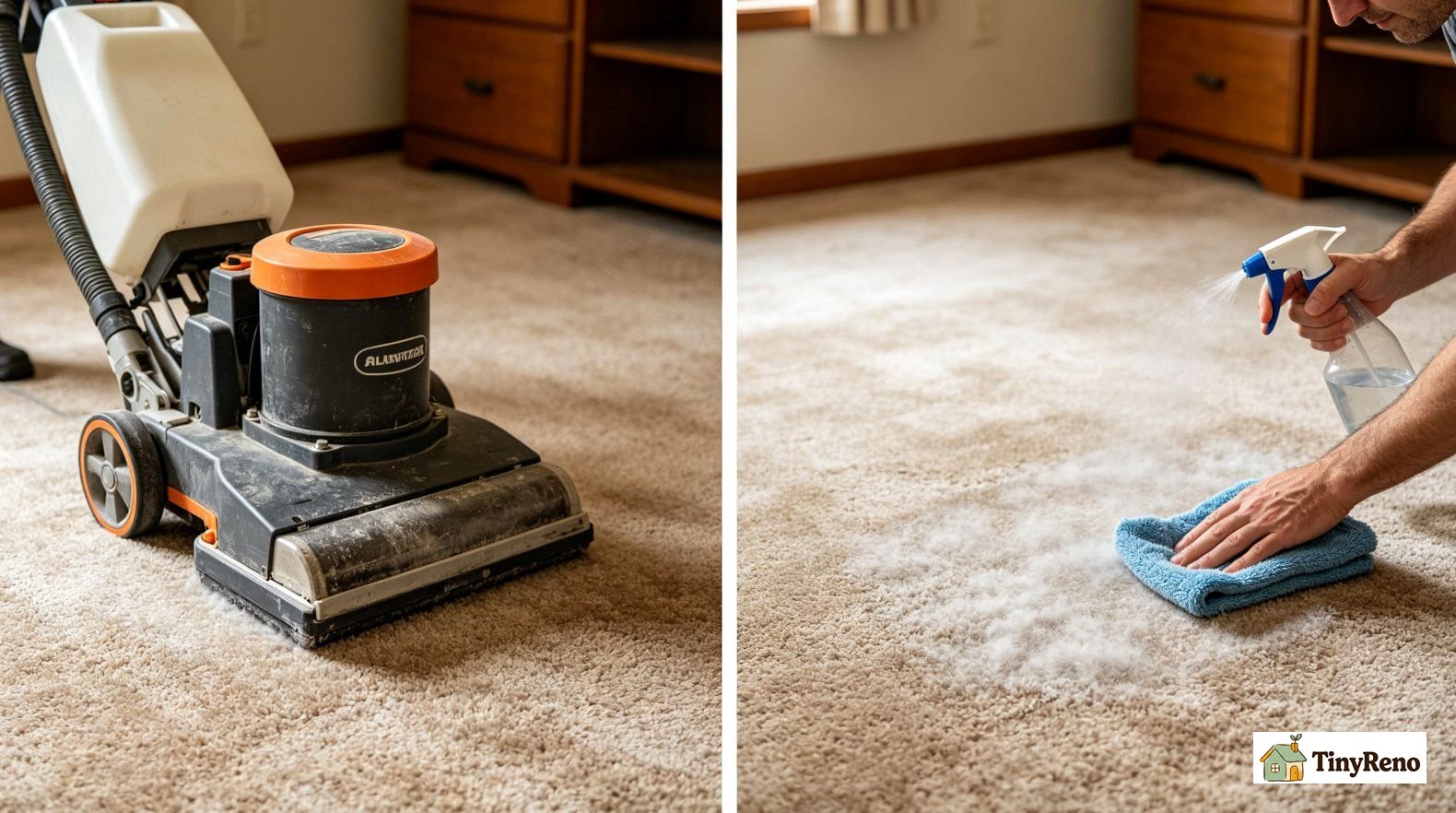 Side-by-side visual comparison, carpet cleaned by rental machine vs carpet cleaned with microfiber and spray solution