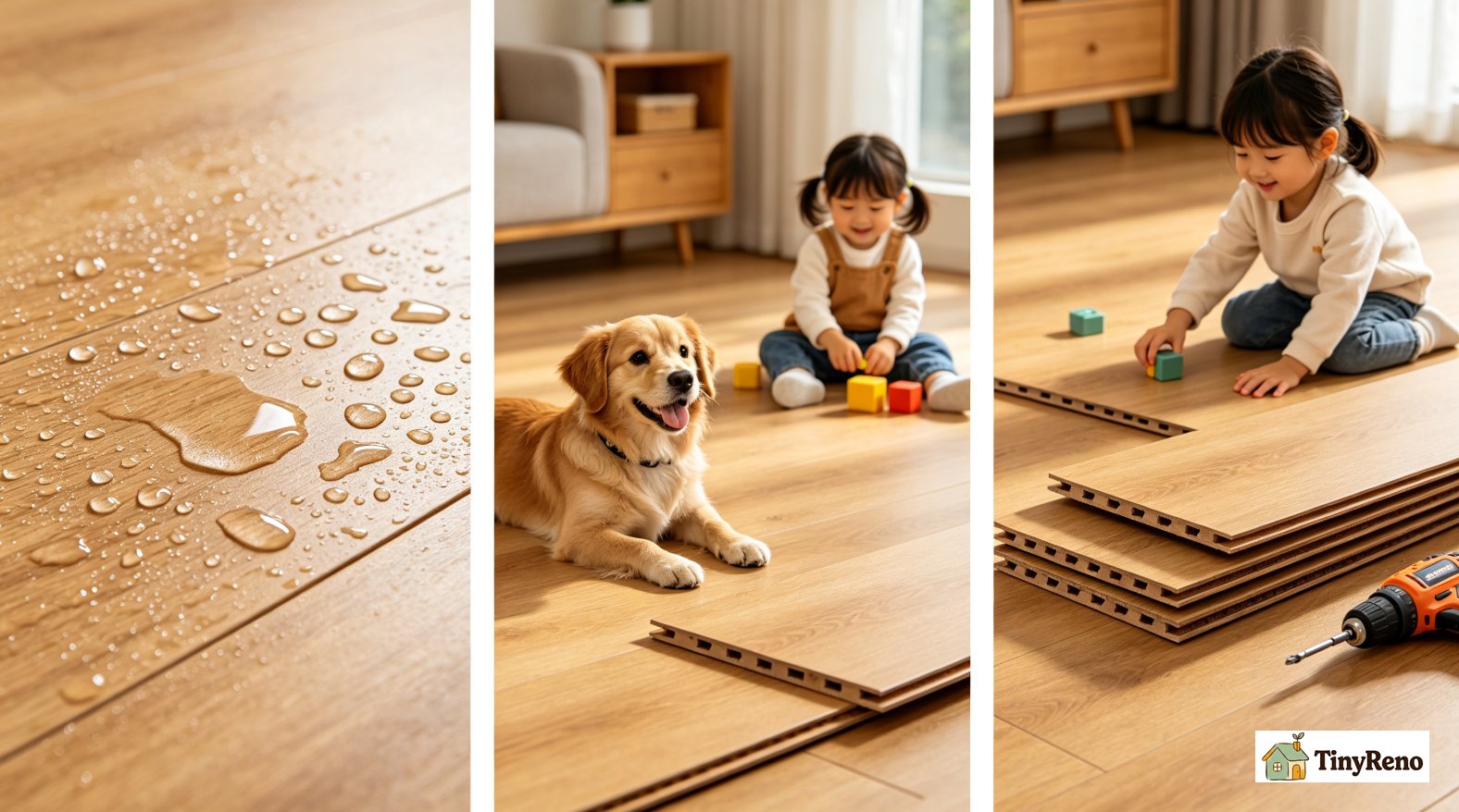 Benefits of laminate flooring, water resistance, scratch resistance and fast click-lock installation for high-mess spaces